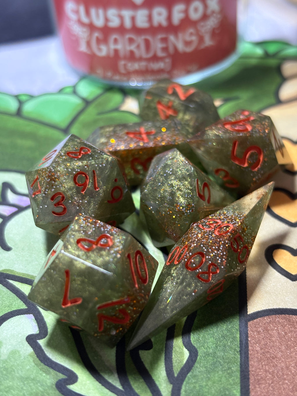 7-Piece TTRPG Dice Set - Clusterfox Gardens Funky Pine